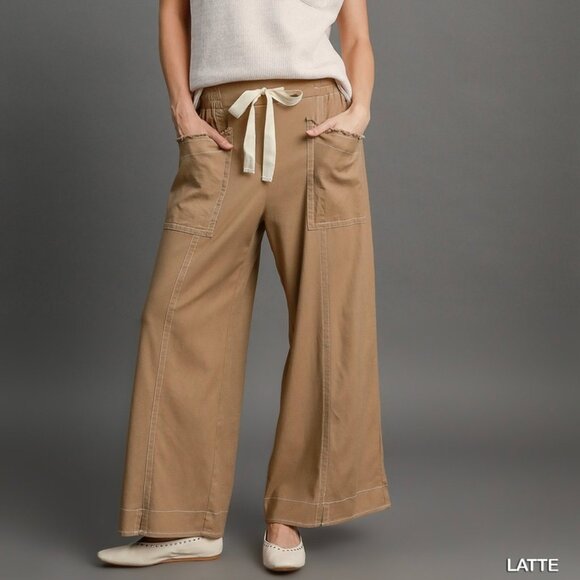 Umgee Women's Wide Leg Pull On Pocket Wide Drawstring Slight Stretch Pants S - Picture 1 of 10